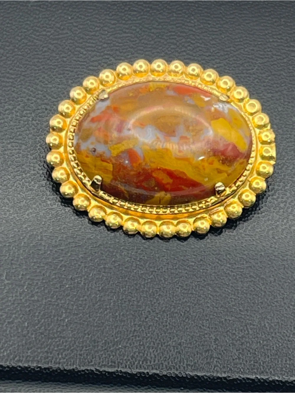 Orange red oval faux stone beaded scalloped edge gold tone vintage brooch pin